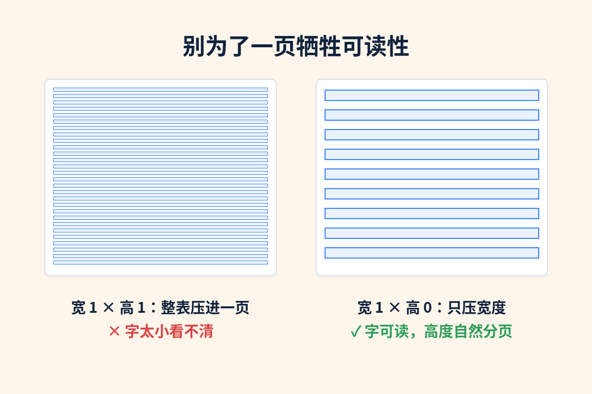 对照示意：宽1高1把字压太小，宽1高0字可读、高度自然分页