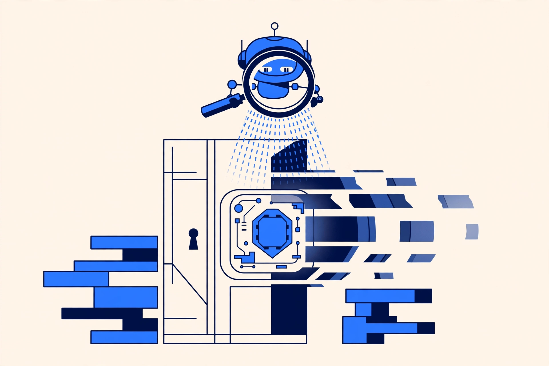 AI 缩小攻击面概念图:机器人用放大镜检查带钥匙孔的服务器门