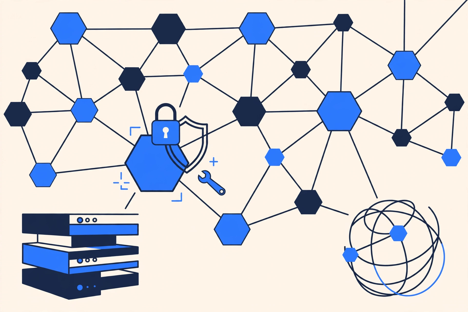 Node.js 安全更新概念图：节点网络、盾牌与锁