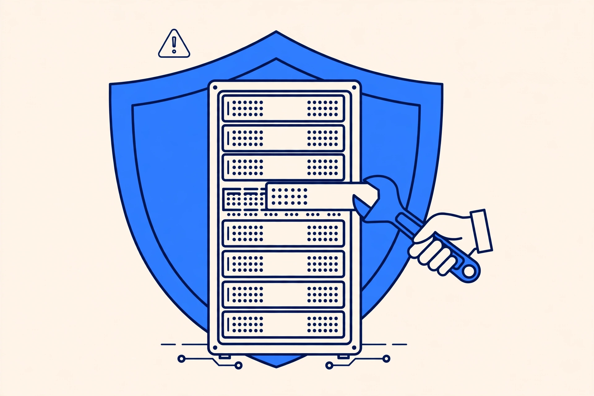 PHP 紧急安全更新概念图：服务器、盾牌与补丁