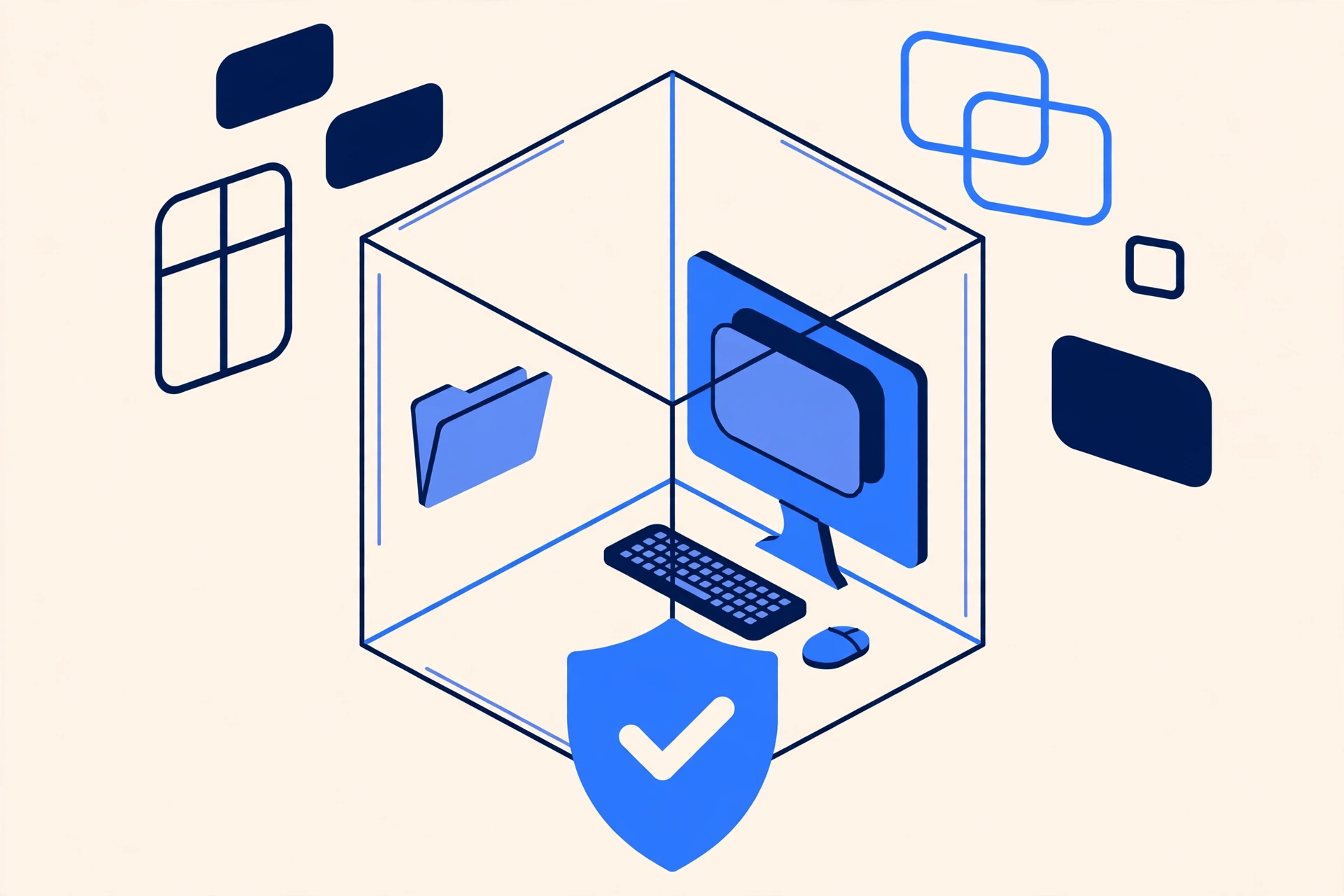 VirtualBox 7.2.22 概念图:玻璃方块中的虚拟电脑与盾牌