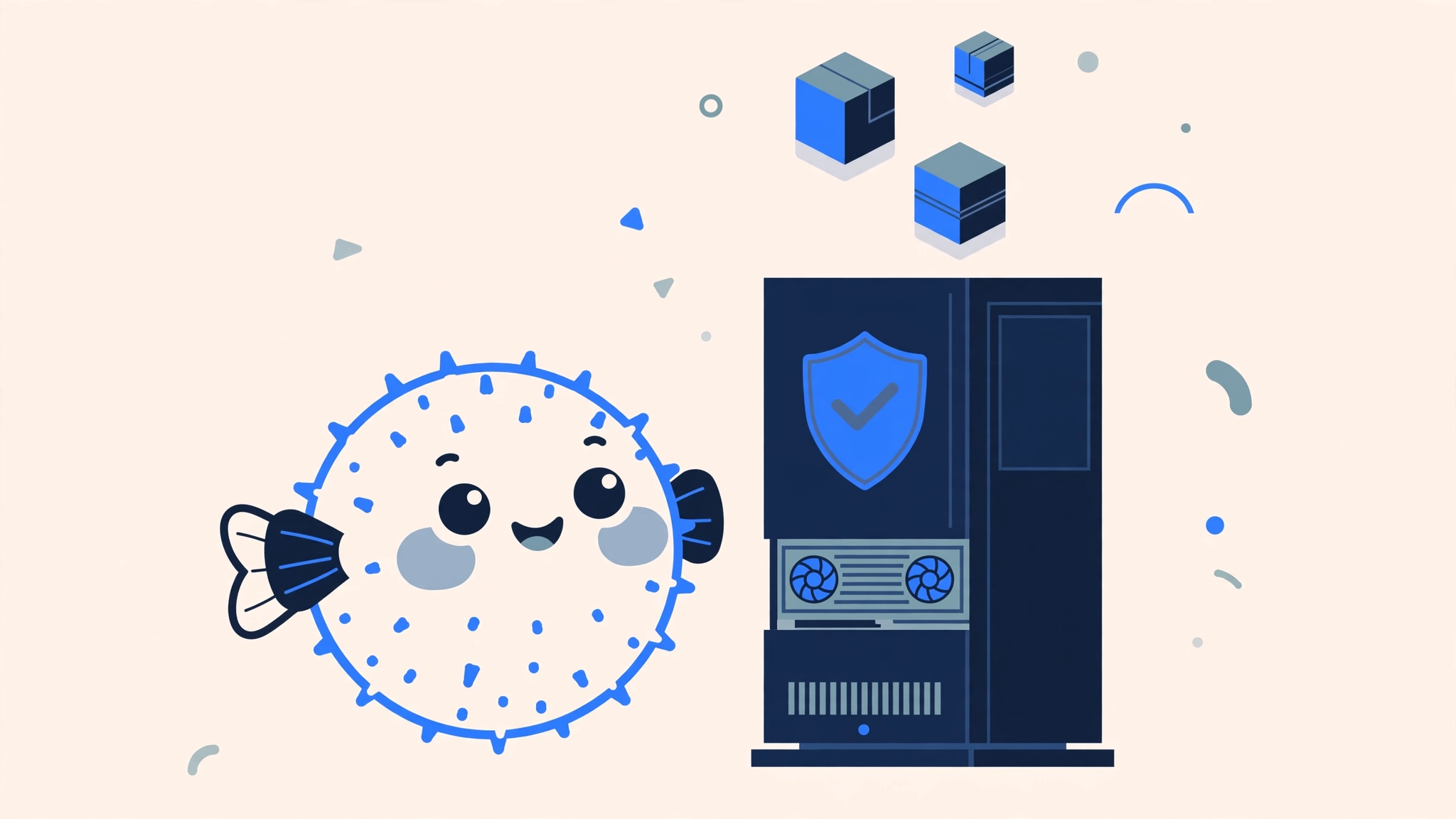 OpenBSD 8.0 概念图：河豚吉祥物、安全服务器与虚拟机